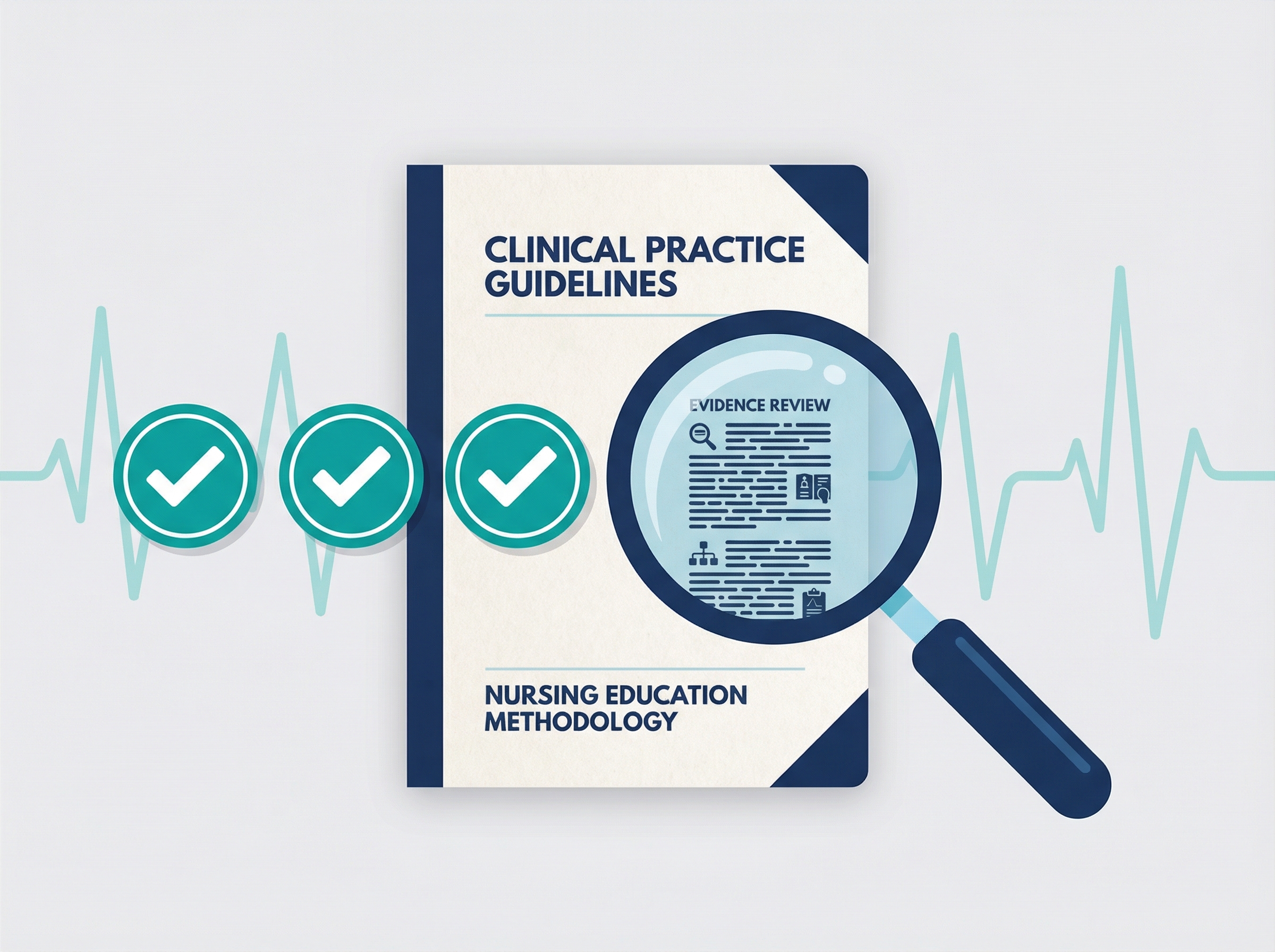 Clinical Practice Guidelines document with magnifying glass on evidence review — representing CertReady's guideline currency and AI-assisted drift detection system