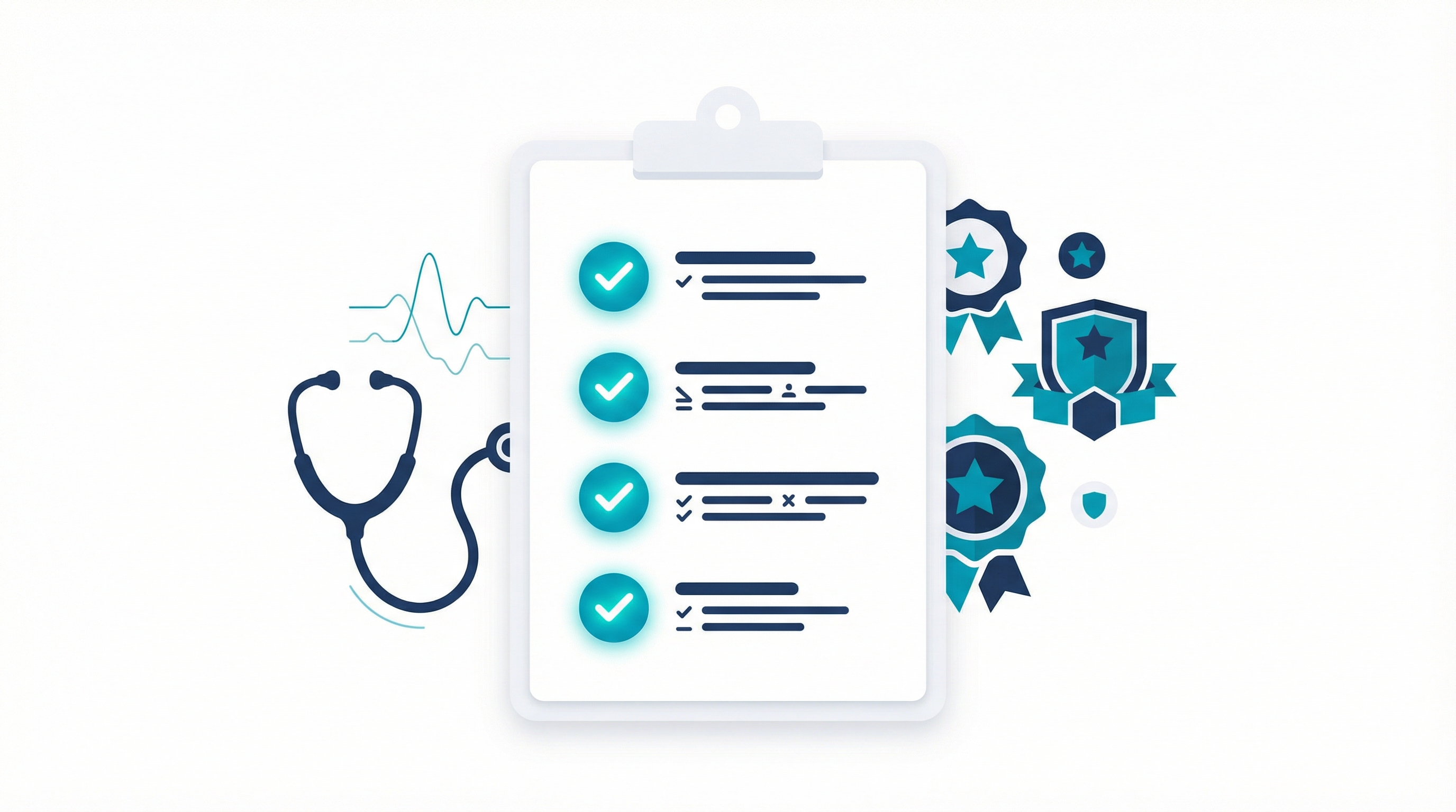 Clinical quality standards checklist with stethoscope and verification badges — representing CertReady's multi-stage question development process